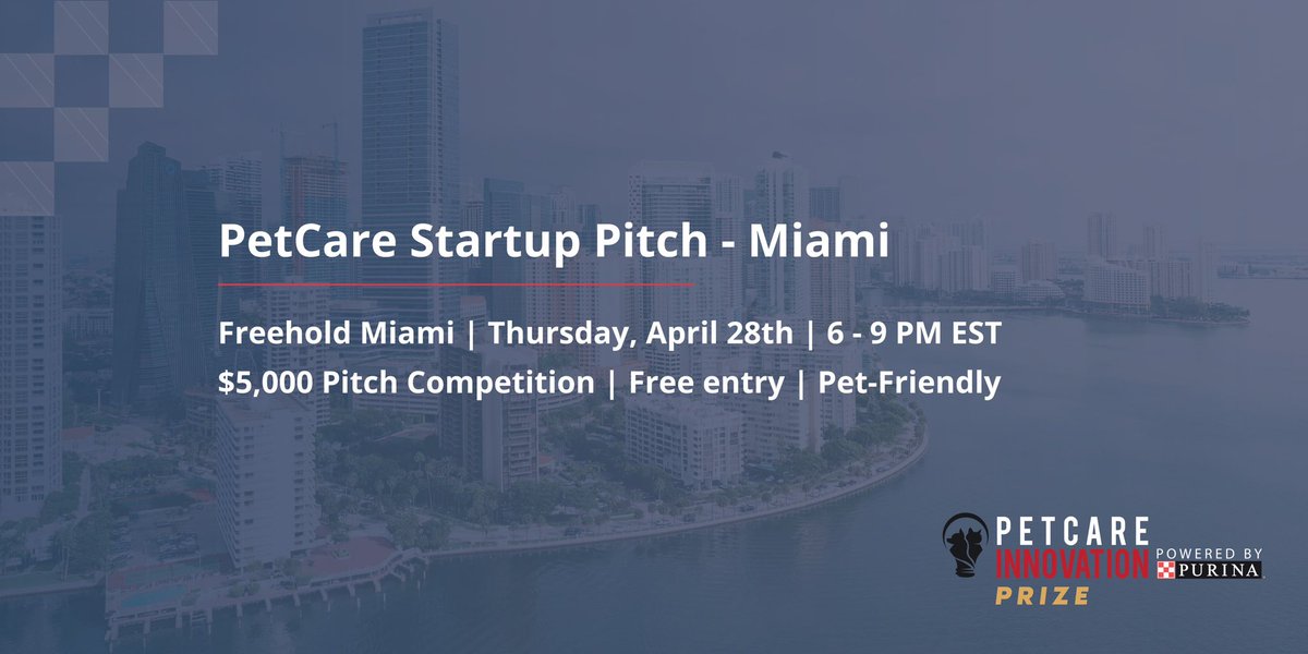 🚨 Calling all Miamians, especially our city's pet lovers 🚨 Join @VentureMiami and <a href="/PetCareInno/">Petcare Innovation</a> for Miami's first ever pet care startup pitch competition on April 28th. Startups will pitch a panel of live judges from <a href="/Purina/">Purina</a>, <a href="/MelissaKrinzman/">Melissa Krinzman</a>, and <a href="/chrisadamo_/">Chris Adamo (Miami 🦩 🦩 )</a> for a $5,000 prize