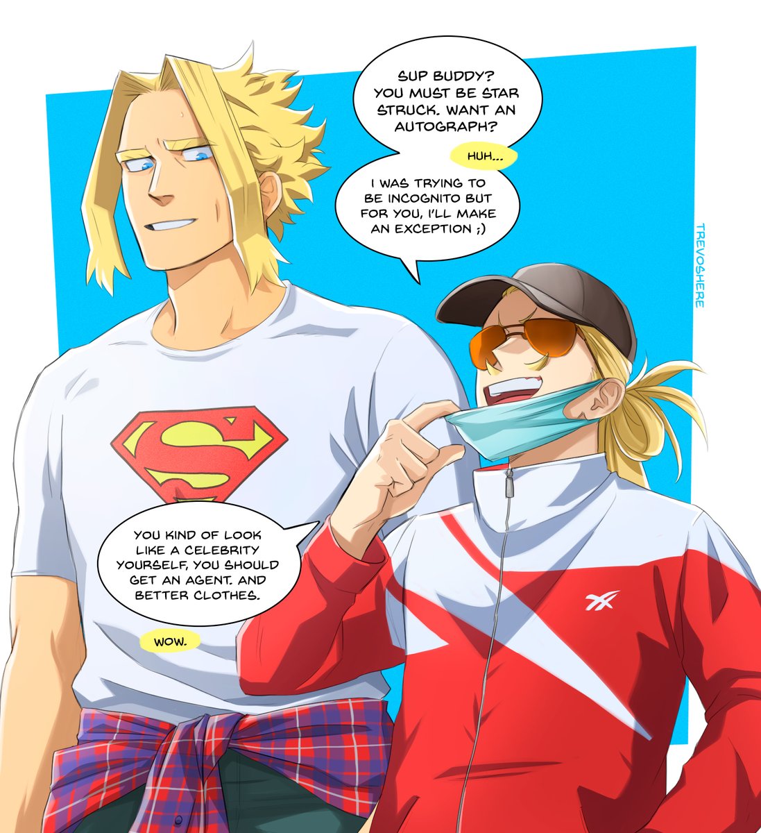 mouth mask blonde hair jacket shirt english text sunglasses 2boys  illustration images
