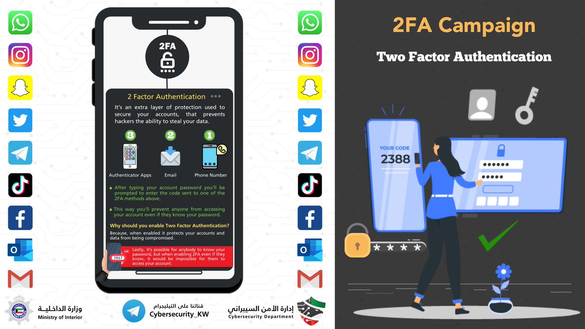 moi_kuw_en's tweet photo. ⚠️ To secure your accounts from getting hacked Ministry of Interior’s #Cybersecurity_Department encourages everyone to enable #Two_Factor_Authentication
#2FA https://t.co/YIpqx0TxO5