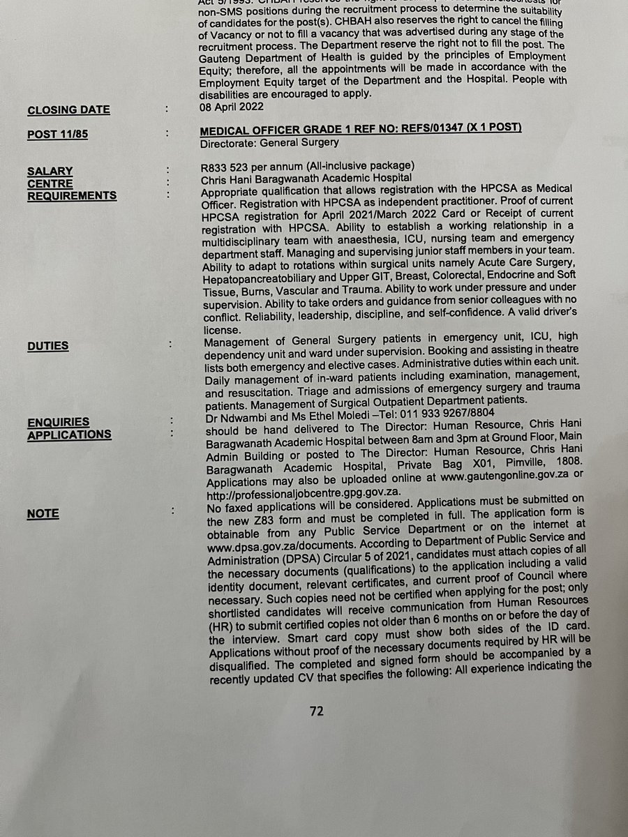 SURGERY MEDICAL OFFICER POSTS!
It says 1 post, it’s actually for 2!
It’s for Chris Hani Baragwanath Academic Hospital.
Applications close 8 April. 
I’m no longer taking CVs, they must be dropped in person to HR!
Full advert on department website .