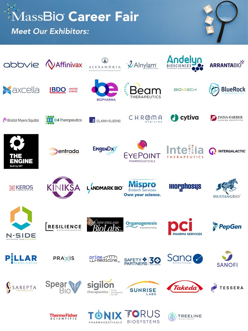 MassBio's tweet photo. Meet the companies that will be exhibiting at our virtual #CareerFair on 4/13, and learn more about their open positions. Register today and create your profile: https://t.co/rvvtL72WBL https://t.co/RILS0oEwPn