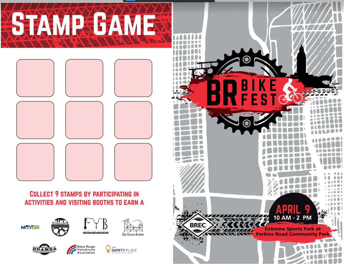 BikeBatonRouge's tweet photo. Let the count down to BR Bike Fest 2022 begin. Come check out demos, participate in games and collect stamps from all the amazing Bike Vendors! Don't miss out on this #yeahbike fun Saturday, April 9 10am-2pm Perkins Road Community Park. https://t.co/Bm0JXYA2Oa