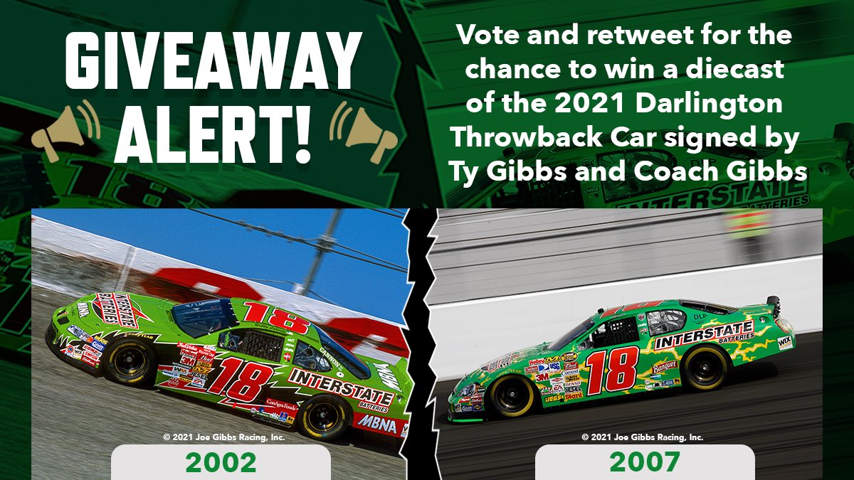 interstatebatts's tweet photo. Race fans, it’s giveaway time! 🎉

On May 7th at Darlington, @TyGibbs_ will be driving the No. 54 Interstate Batteries Toyota Supra with a throwback paint scheme 🏁 RT &amp; vote for your favorite paint scheme below and you could win a signed 2021 Darlington Throwback Diecast Car. https://t.co/Ych4cXSqtp