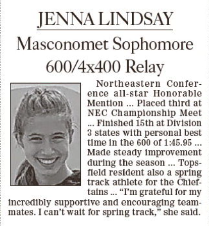 Congrats to Jenna Lindsay for being named to the Salem News Girls' Indoor Track All-Star Team! @stmlax24 <a href="/MascoIndoorTr/">Masco Girls Indoor Track</a> <a href="/CarabatsosJo/">Mary Jo Carabatsos Ph.D.</a> <a href="/mascosuper/">Mike Harvey (he, him, his)</a> @salemnewssports