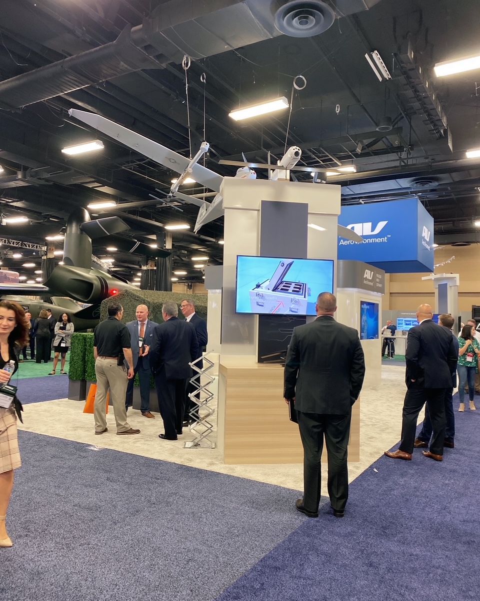 aerovironment's tweet photo. AAAA 2022 Summit is underway! Stop by our booth #508 to learn about JUMP 20, a vertical takeoff and landing (VTOL), fixed-wing unmanned aircraft, delivering 14+ hours of endurance. #FTUAS #JUMP20 https://t.co/pXwffhfv6x