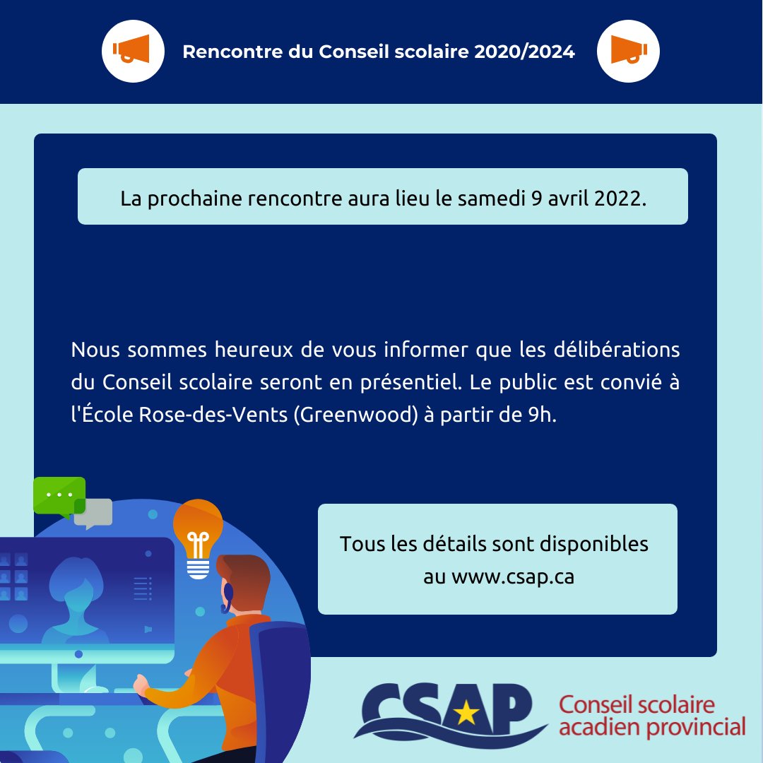 Le public est convié à venir assister à la prochaine réunion régulière du Conseil scolaire acadien provincial le samedi 9 avril 2020 de 9h à 17h à l’École Rose-des-Vents, située au 6, rue Bedford, Greenwood.

Voici l'ordre du jour 
csap.ca/images/gouvern…