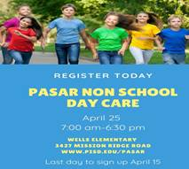 ChristiePasar's tweet photo. The last day to register for the April 25 Non-School Day care is Friday, April 15.  Sign your kids up and have them join the fun!!! https://t.co/IWzxhJd1jw