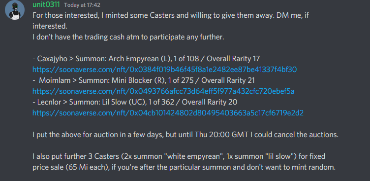 CastersOfGaia's tweet photo. Unit0311 is looking for trades on the Discord: https://t.co/KpHNZWlIoZ

If you trust one another to do a straight swap, you could get to 33 Summons before everyone else and take the 1Gi Prize!

#NFT #SOONAVERSE #Soonagames #IOTACommunity https://t.co/qB97H5FbAt