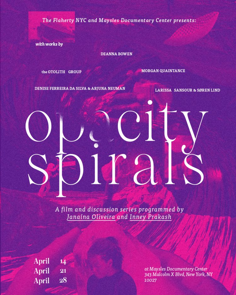 Maysles Documentary Center (@mayslescinema) on Twitter photo We are thrilled to announce Flaherty NYC: Opacity Spirals will be taking place #IntheCinema at Maysles in collaboration with The Flaherty (<a href="/FlahertySeminar/">The Flaherty</a>)!
🗓️ April 14, 21, and 28.
🎟 Tickets and more info at maysles.org. We are thrilled to announce Flaherty NYC: Opacity Spirals will be taking place #IntheCinema at Maysles in collaboration with The Flaherty (<a href="/FlahertySeminar/">The Flaherty</a>)!
🗓️ April 14, 21, and 28.
🎟 Tickets and more info at maysles.org.