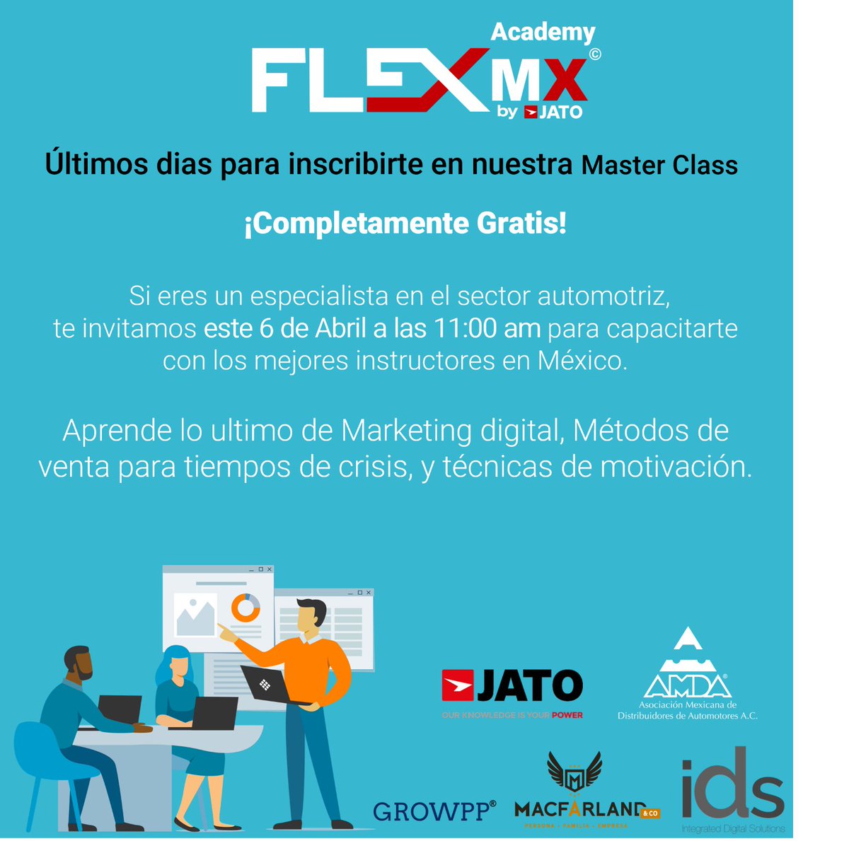 FlexJato's tweet photo. ¿Quieres ser un especialista? Este miércoles 6 de abril es nuestra Master Class para las certificaciones de FLEX ACADEMY. Dirigido a vendedores de autos, en las categorías de Ventas, Gerencia y Marketing. Inscríbete en esta liga https://t.co/UM4UT4nbOc #autos #ventas #FLEX #JATO https://t.co/ybf5XZCLAK