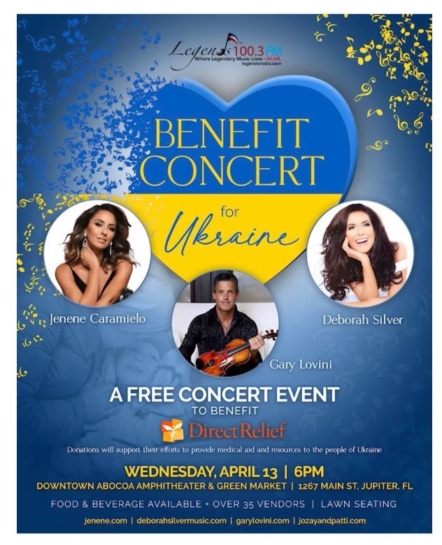 GaryLovini's tweet photo. Always great to give back and no greater cause in the world at this time than to help the people of Ukraine in any way we can. I am honored to be apart of this wonderful event April 13 at 6 pm in Jupiter. God Bless the people of Ukraine 🎻🇺🇦 🙏
#garylovini   #ConcertForUkraine https://t.co/YjHbYx7Jbo