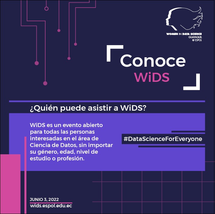 WiDS es un evento para hombres 👨 y mujeres 👩 lo único que se necesita son ganas de asistir y así poder llenarte de conocimiento🖥️.
Conoce más sobre el evento en wids.espol.edu.ec

#SheScience #SheSTEM #WIDS2022 #widsespol #WomenInScience #DataScienceForEveryone