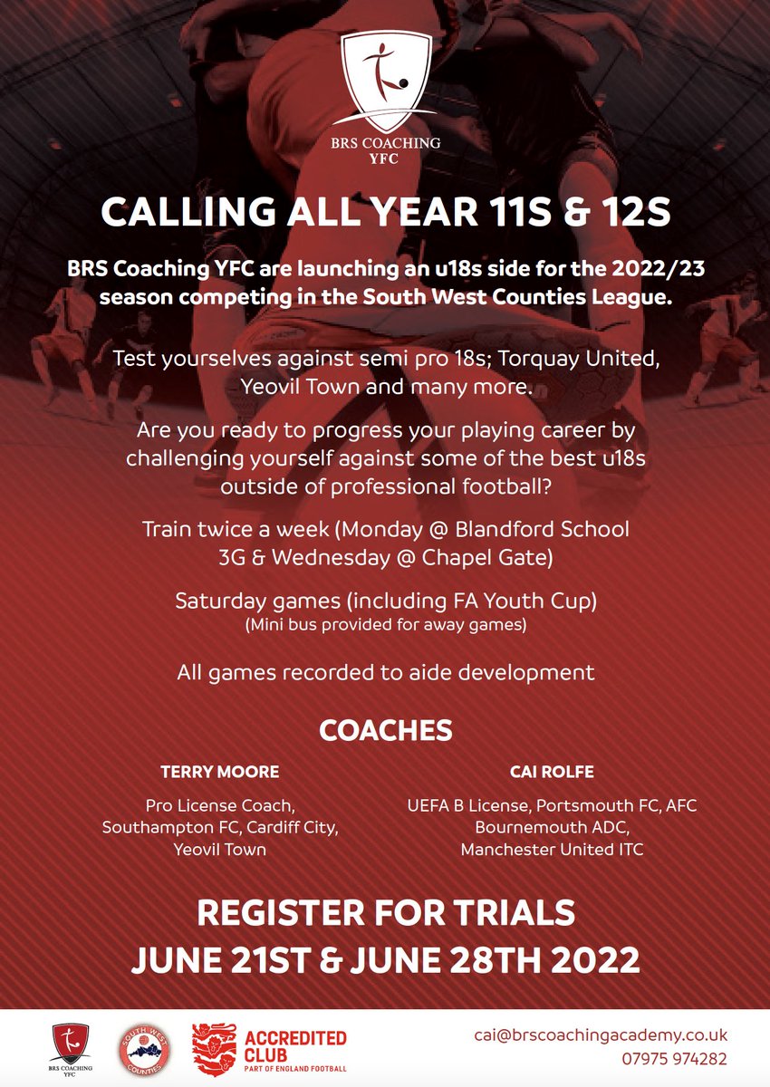🚨 News 🚨

BRS Coaching YFC have been officially accepted into the South West Counties u18s league for 22/23 season! 

Details are below and registration can be done via this link: -

brs.wufoo.com/forms/pof8lgb1…

🔴⚫️⚪️ #brs #opportunity