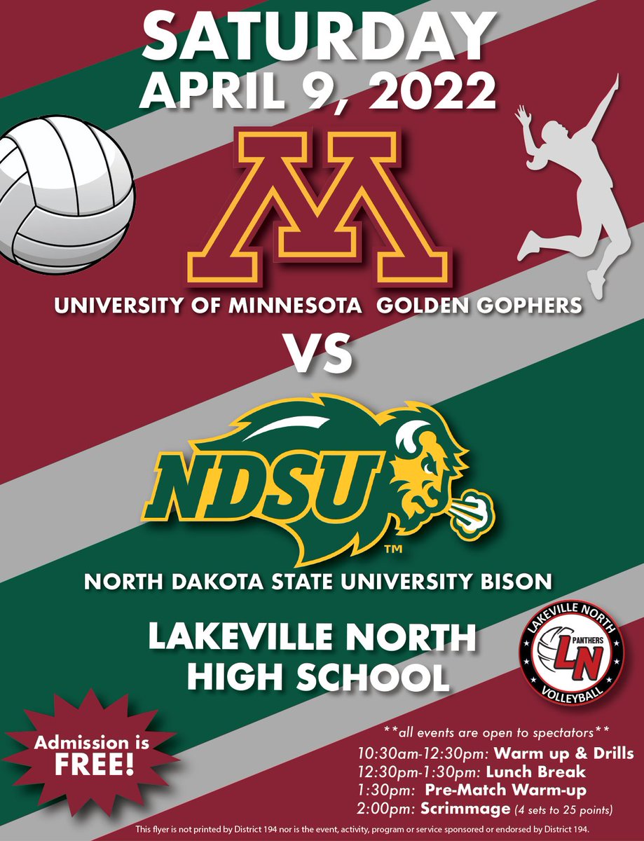 5 days until the FREE UMN/NDSU Scrimmage at Lakeville North! <a href="/GopherVBall/">Minnesota Volleyball</a> <a href="/NDSUvolleyball/">NDSU Volleyball</a>