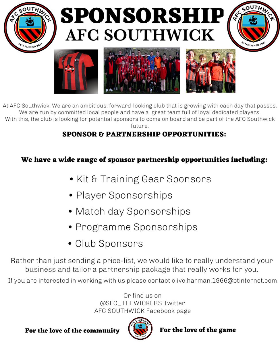 With the club growing on &amp; off the pitch, it gives us and you to be involved and build great partnerships at AFC Southwick, within the local community and footballing community.
Plenty of sponsorship opportunities available. 
Please see below ⬇️
We would love to have you.
#UTFW