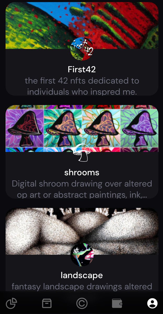 homerreadjr's tweet photo. 3 collections on https://t.co/ltfnKvgUTT mobile app
#first42: my dedicated entry to web3/creative crypto
#shrooms: individually crafted multiples of digital shrooms over abstract and op art pieces
Landscapes: fantasy #landscapes
250+ minted before April6 donate 42% to #STEAM https://t.co/XZvhiJdkdn