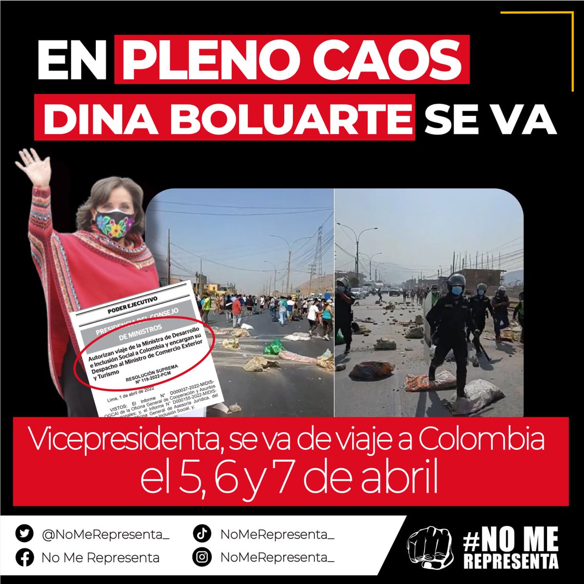 NoMeRepresenta_'s tweet photo. ¡QUÉ RICO VIAJE!  💸✈️
En medio del caos por el #ParoDeTransportistas, la vicepresidenta #DinaBoluarte se va de viaje a #Colombia por tres días. https://t.co/mPe3NrbdbR