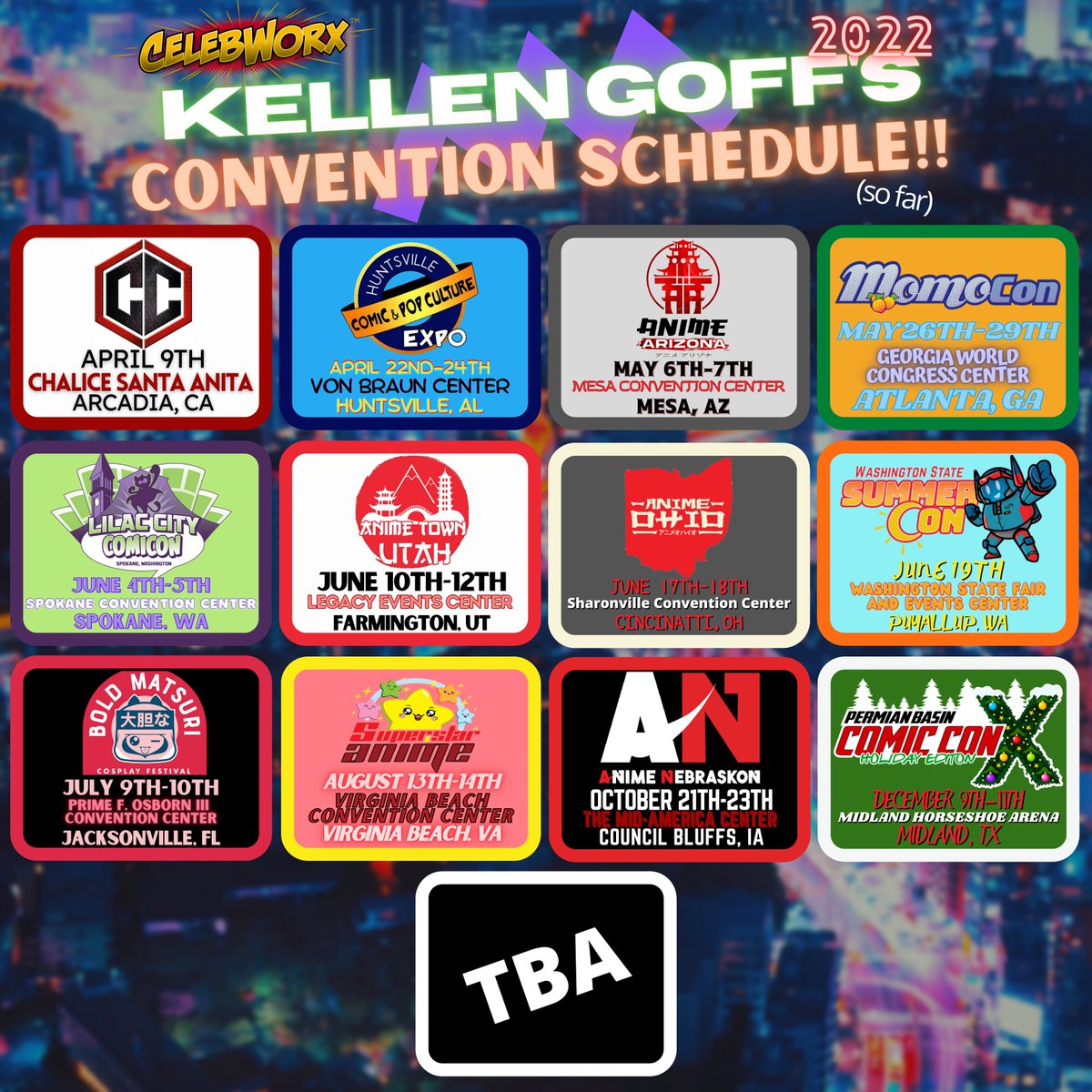 kellengoff's tweet photo. CONS! (Updated 4/4/22)
(See graphic below for details~)
APR
๐งธ#Chalice
๐ฅ#HSVExpo
MAY
๐ณ#animearizona
๐#MomoCon
JUN
๐ผ#lilaccitycon
๐#AnimeTownUtah
๐๏ธ#animeohio
๐#wasummercon
JUL
๐ฅท#BoldMatsuri
AUG
๐#SuperstarAnime
OCT
๐#AnimeNebraskon
DEC
๐#PBCCX https://t.co/65QAQs8BQW