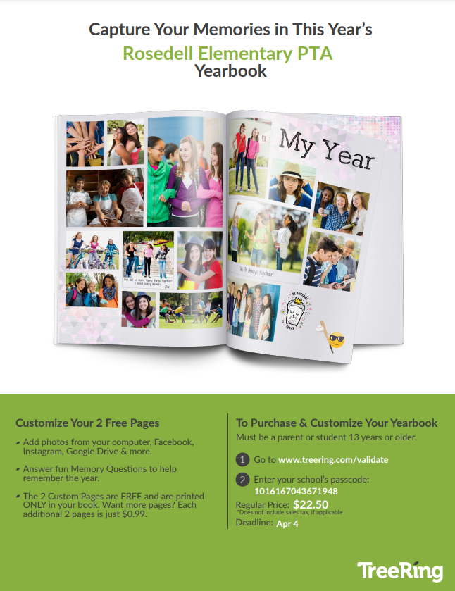 rosedellpta's tweet photo. ⏰Last day to order the yearbook!⏰
Don’t forget to purchase your Rosedell Yearbook now!
1. Go to  https://t.co/kkg4gCm9ac
2. Enter your school’s passcode: 1016167043671948
Price: $22.50
Deadline: April 4, 2022
Customize Your 2 Free Pages!!! https://t.co/23fJPNtoE0