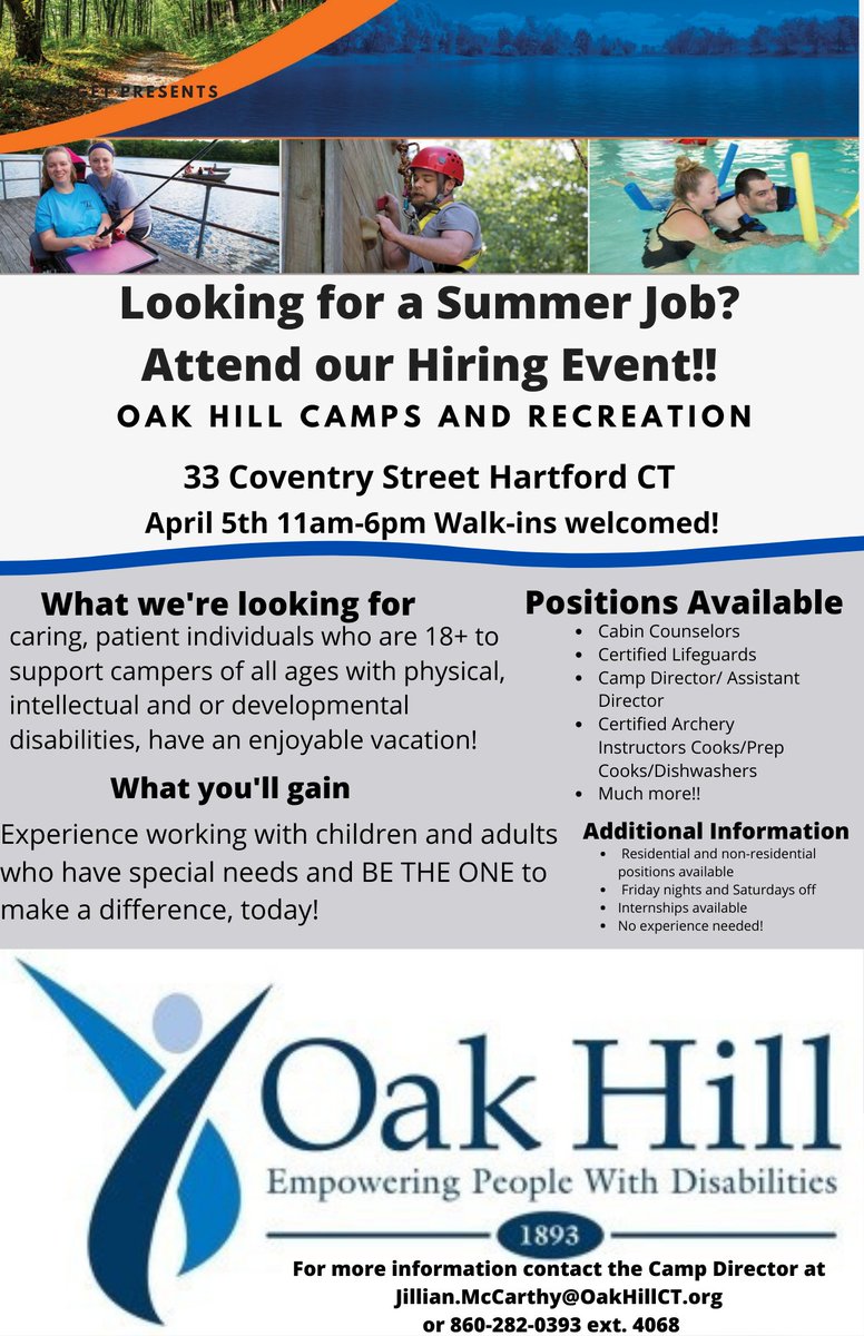 oakhillct's tweet photo. We are hosting a hiring fair TOMORROW from 11 AM to 6 PM! Come interview ready and learn about our fantastic summer programs. No experience required. https://t.co/Cgl8vAnvy1