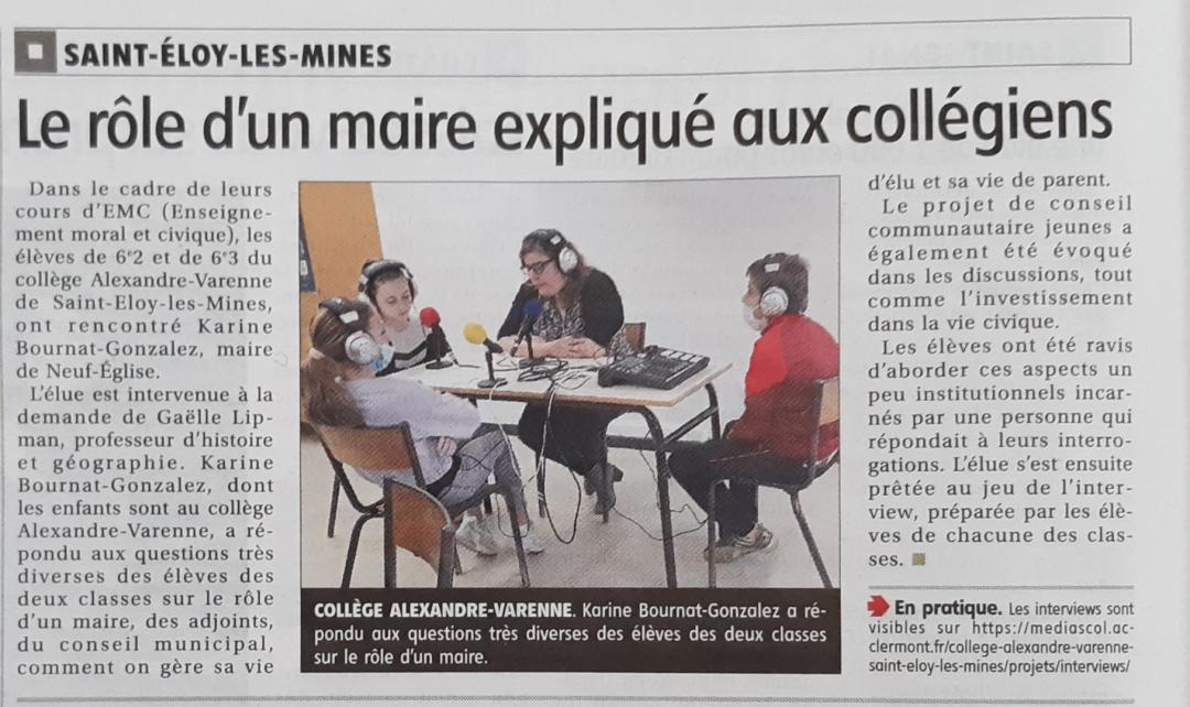 GDeschodt's tweet photo. Dans @lamontagne aujourd'hui. EMC et EMI avec le rôle d'un maire au collège Alexandre Varenne de St Eloy les mines. Merci à karine bournat-gonzalez https://t.co/ksXvy476JA