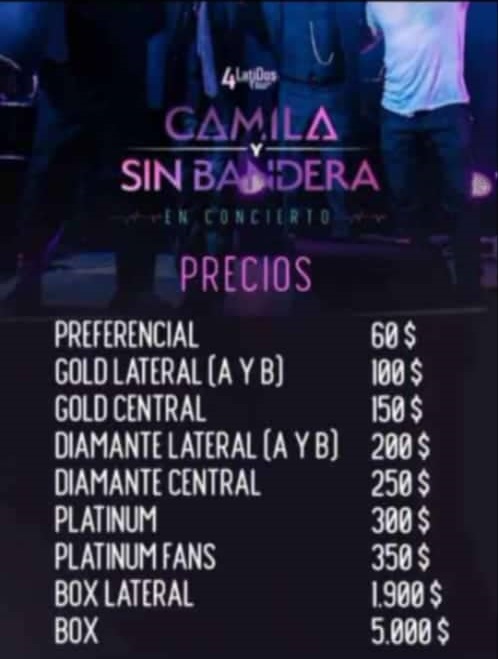 "Camila" es tendencia por los precios de su concierto en Caracas junto a Sin Bandera

Entre $60 y $5000