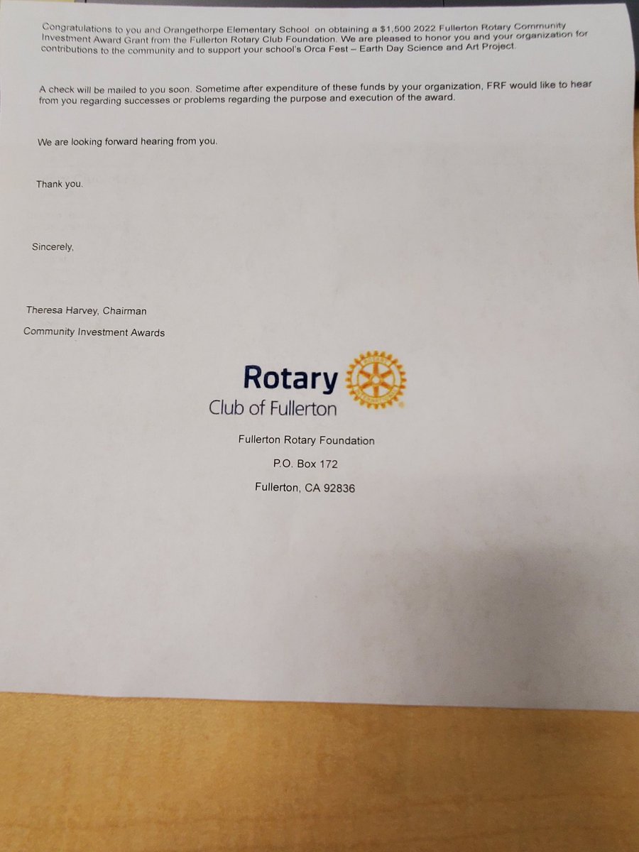 Thank you to Fullerton Rotary Foundation for awarding us a grant for Project Curiosity Orca Fest on Earth Day (April 22)