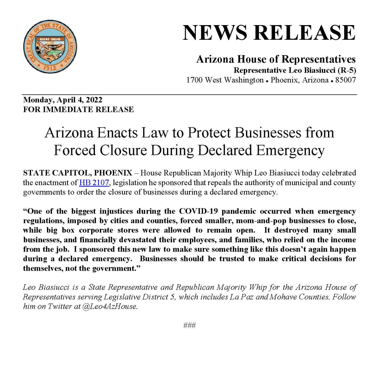 AZHouseGOP's tweet photo. Arizona Enacts Law to Protect Businesses from Forced Closure During Declared Emergency, Sponsored by State Representative @Leo4AzHouse. https://t.co/Kuw1hSmMCW #HB2107 #AZleg https://t.co/ki4Njda7XT