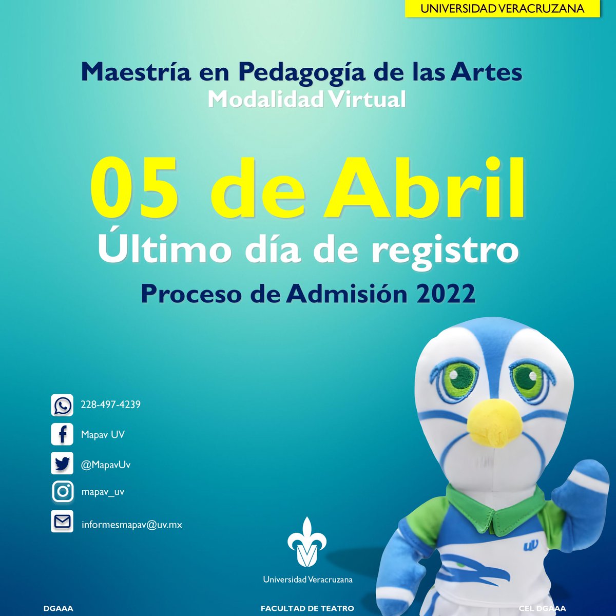 MapavUv's tweet image. ¡Último día de registro! Martes 05 de Abril 2022.
Proceso de ingreso 2022: uv.mx/escolar/posgra…