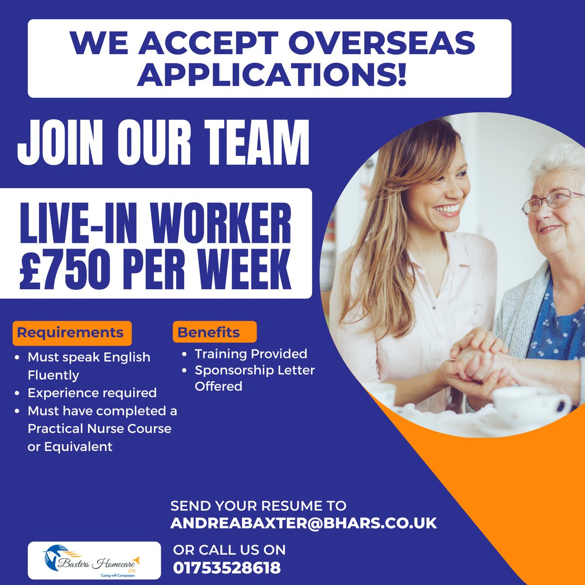 homecarebaxters's tweet photo. Join our wonderful team and start earning £750 or more each week! Overseas Applications welcome. Please email andreabaxter@bhars.co.uk.
#jobvacancy #ukvisa #visaapplication #baxtershomecare #jobsinslough #jobsinreading #homecarejobs #liveincarer #berkshire https://t.co/TDtJqa6xbk
