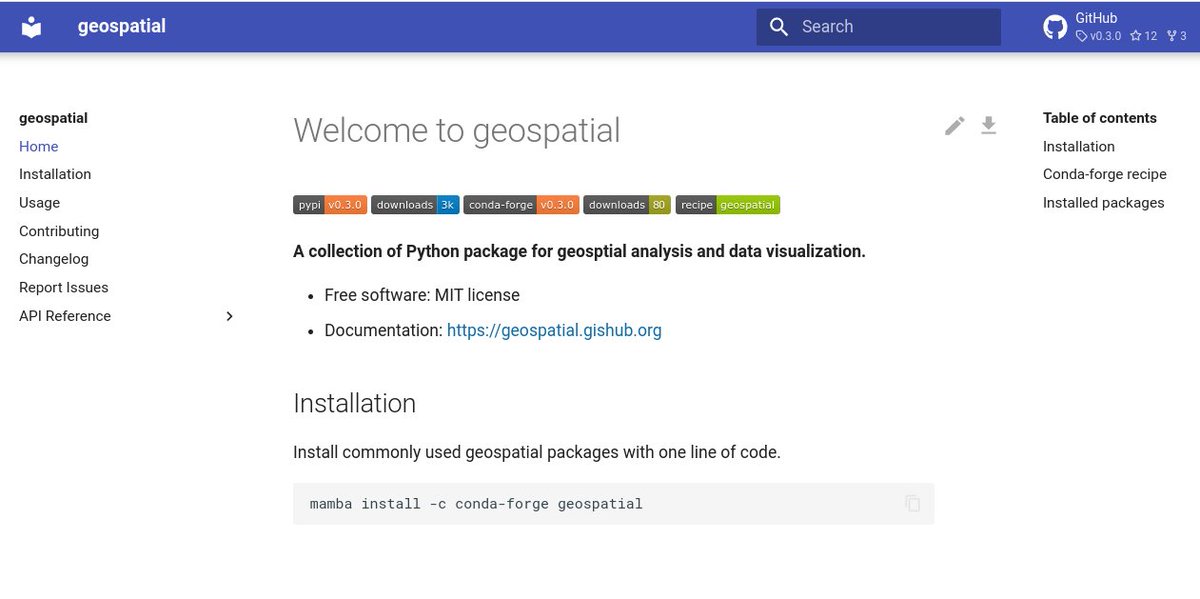 Introducing a new #Python package named geospatial 🚀Installing commonly used Python package for #geospatial analysis and #dataviz with only one line of code. Let me know your fav package, and I can probably add to it GitHub: github.com/giswqs/geospat… Docs: geospatial.gishub.org