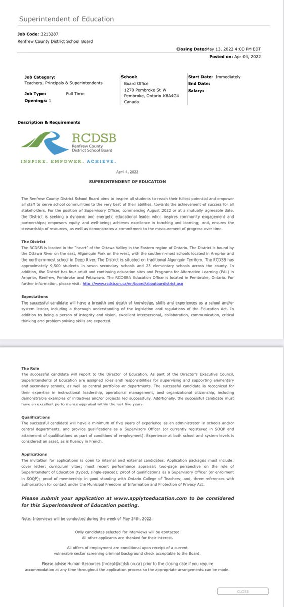 🔊🙌🏻Excited to share publicly today our most recent posting for the position of supervisory officer @RCDSB!🙌🏻🔊Seeking a dynamic and energetic educational leader to join our talented senior team!👇🏻