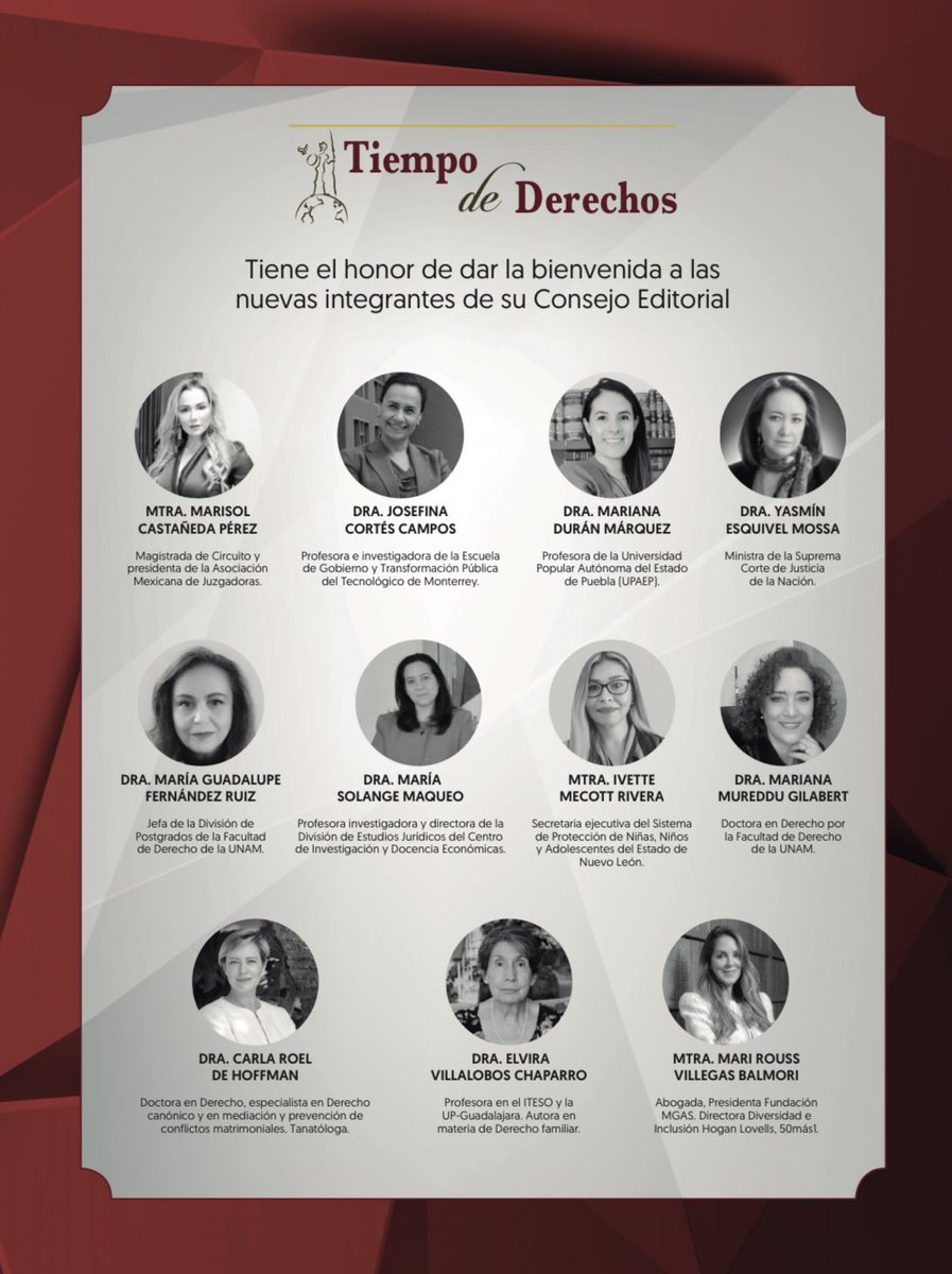 Este mes tenemos el honor de incorporar 11 extraordinarias abogadas a nuestro Comité Editorial. BIENVENIDAS <a href="/YasminEsquivel_/">Yasmín Esquivel Mossa</a> <a href="/SolMaqueo/">Sol Maqueo</a> <a href="/Marisolcepe/">Marisol Castañeda</a> @marianaduranm <a href="/ivettemecott/">ivette mecott</a> <a href="/mmureddug/">mariana mureddu</a> <a href="/carlarhoffmann/">Carla Roel de Hoffmann carlarhoffmann on Bsky</a> <a href="/mariroussv/">Mari Rouss</a> <a href="/Maguferuiz/">María Guadalupe Fernández Ruiz</a> Dra. Cortés Campos y  Dra. Villalobos Chaparro !