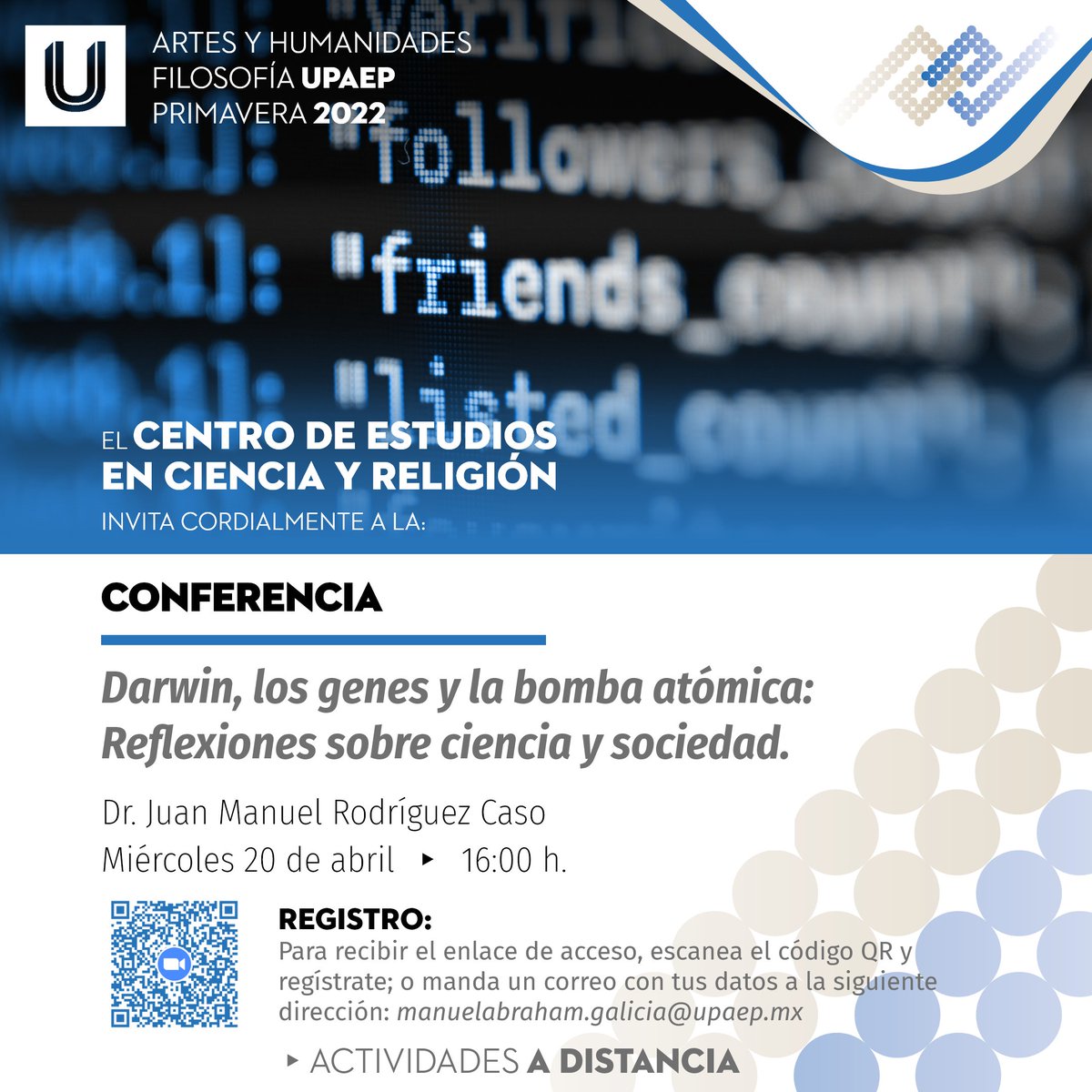 El Centro de Estudios en Ciencia y Religión (#CECIR) invita:
Conferencia: "#Darwin, los #genes y la bomba #atómica. Reflexiones sobre #ciencia y #sociedad".
Dr. Juan Manuel Rodríguez Caso. <a href="/Xuanin_Asturies/">Juan Manuel Rodríguez Caso</a>
20.04.2022. 16:00.
👉🏻Registro: tinyurl.com/2p8spc26
(o escanea el QR)📱