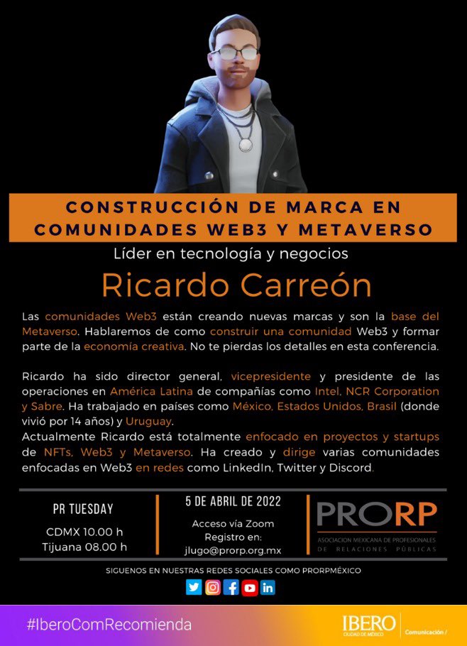 comunicacionUIA's tweet photo. #IberoComRecomienda
El próximo martes 5 de abril tenemos #PRTuesday en PRORP México y hablaremos de cómo construir nuestras marcas a través de comunidades Web3 y del Metaverso con Ricardo Carreón. Registrate enviando correo a jlugo@prorp.org.mx https://t.co/8VbFsJl9Ll