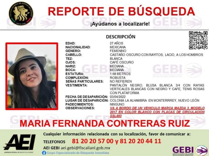 Formula_Mty's tweet photo. #AbriendolaConversación 
Una joven de 27 años identificada como María Fernanda Contreras Ruiz desapareció el domingo en la colonia La Alhambra en Monterrey.

La Fiscalía de Justicia de Nuevo León emitió un reporte de búsqueda para dar con su paradero. https://t.co/LxvCohoPiA