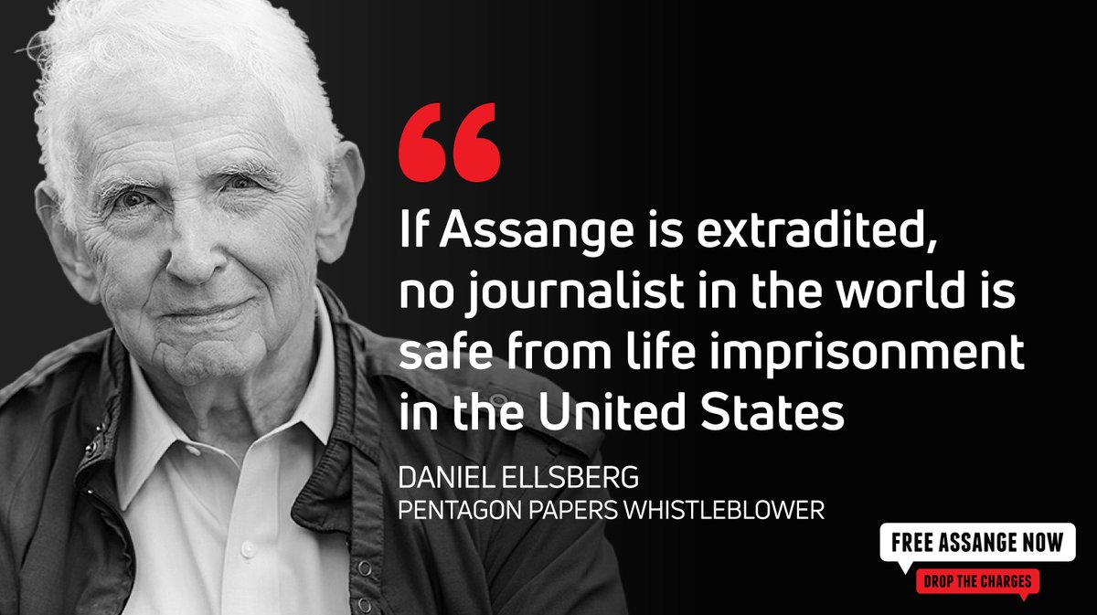wikileaks's tweet image. "If Assange is extradited, no journalist in the world is safe from life imprisonment in the United States" Daniel Ellsberg, Pentagon Papers Whistleblower #FreeAssangeNOW @DanielEllsberg