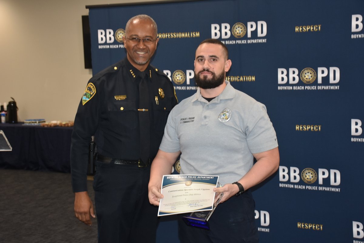 BBPD's tweet photo. Congratulations to Sworn Employee of the Year Officer Brian Goldfuss and Professional Staff of the Year Communications Specialist Joseph Viggiano. Read about why they were honored here: https://t.co/GRvC90cs4K
#bbpdpride https://t.co/j76HVK59nv