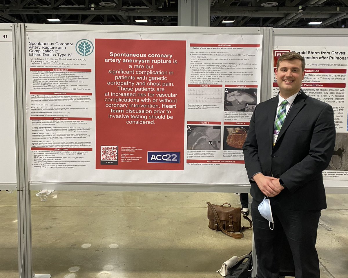 Wow! What an amazing weekend at my first #ACC22. It was an honor to present a complex case of spontaneous coronary artery aneurysm rupture in a patient with Ehlers Danlos IV. I hope to be back next year! @ACCinTouch