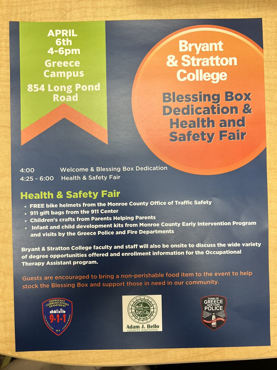 TraceyTaylorOT's tweet photo. This Wednesday! 4/6 from 4-6 pm at the Greece campus.
Join us for our Blessing Box dedication and Health/Safety Fair.
Open to the community! All media welcome !! Please share. #community #blessingbox #health #safety https://t.co/zSjnzz4P0w