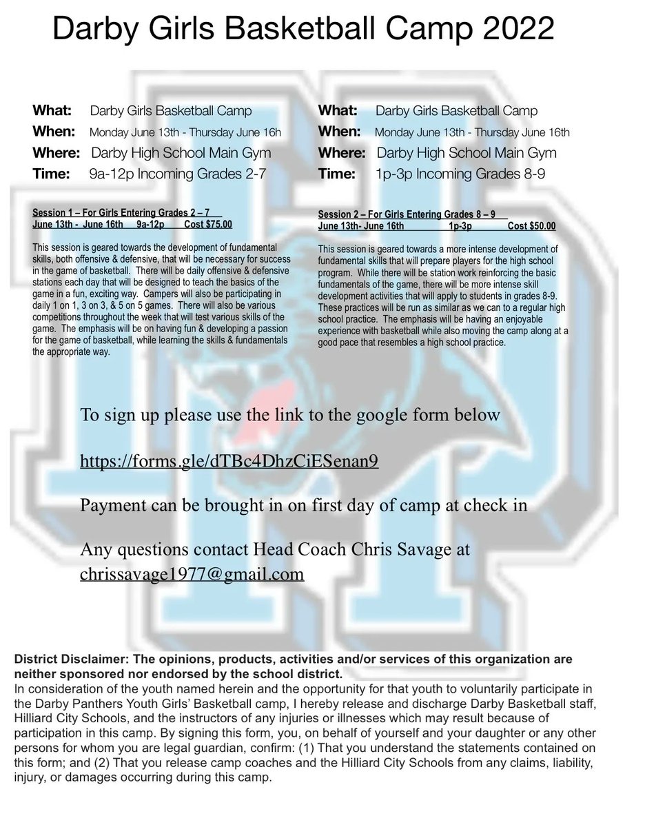 Hilliard Darby Girls Basketball Youth Camp registration is open! Please see the link below for more information and to submit your registration! We are excited to see you all in June!! 🏀🤩

buff.ly/35E9rRJ