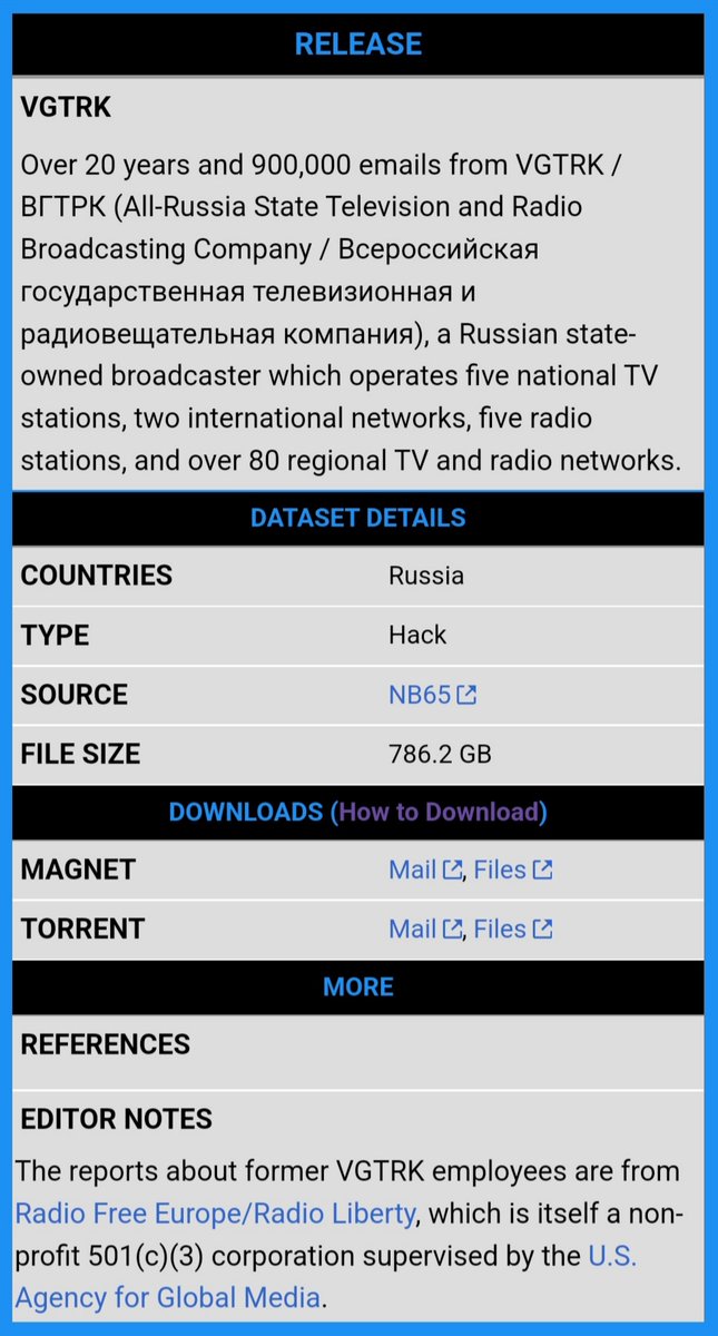 BREAKING NEWS: The <a href="/xxNB65/">NB65</a> hacking group linked to #Anonymous has leaked via #DDoSecrets over 900,000 emails from VGTRK, Russia's largest state media corporation.
