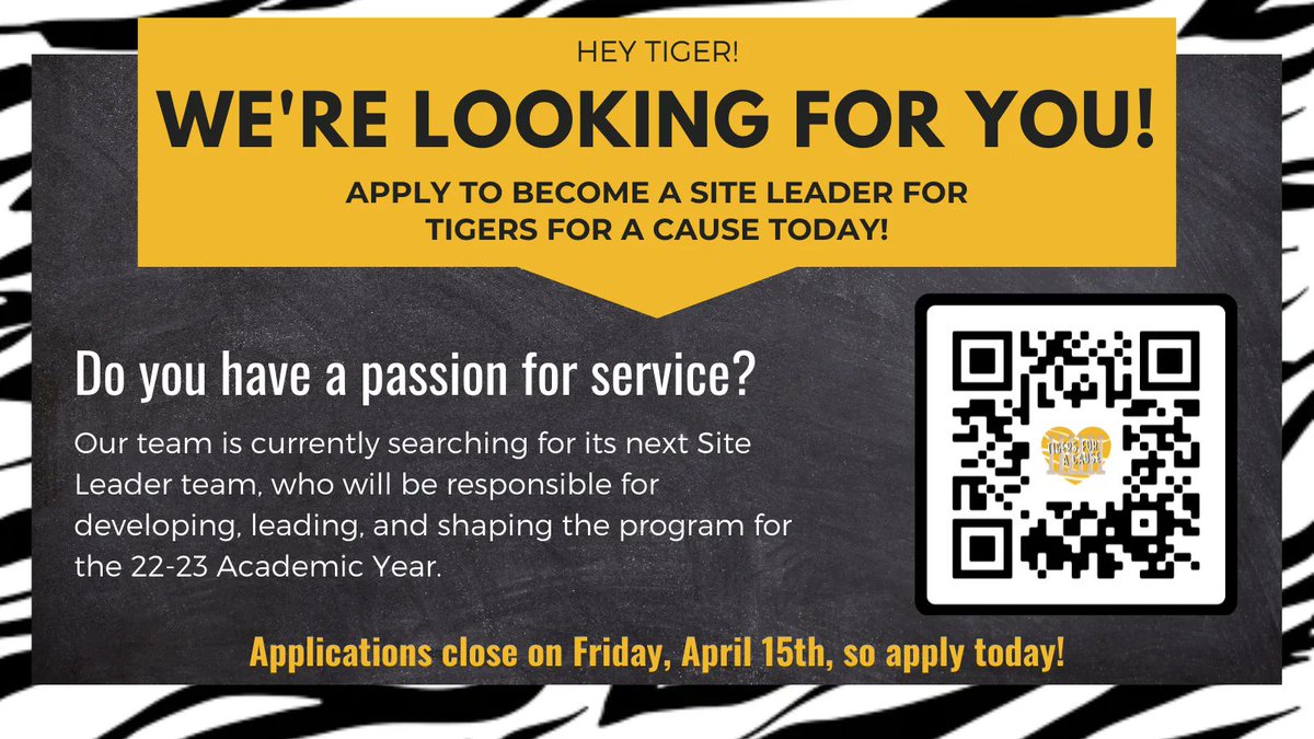The deadline is coming up! 😱

But it's not too late - apply to be a Tigers for a Cause Site Leader today! missouri.campuslabs.com/.../sub.../for…