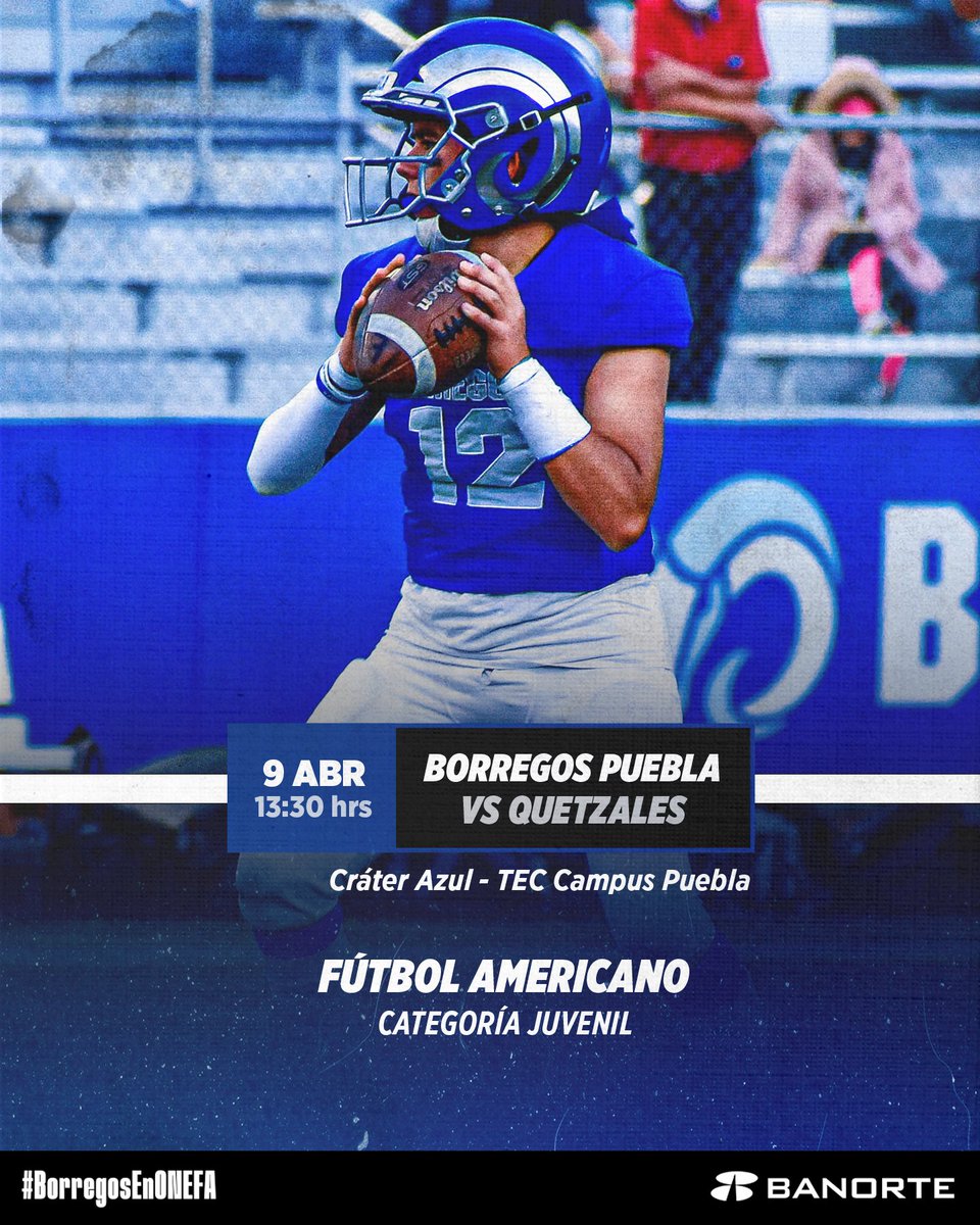 BorregosPuebla's tweet photo. Mañana nuestros Borregos de Fútbol Americano Juvenil reciben a Quetzales en el Cráter Azul ¡Apoyemos a Borregos! 🐑💙🏈
Borregos Puebla 🆚 Quetzales
🗓️ Sábado 9 de abril
⏰ 13:30 hrs 
📍 TEC Campus Puebla
📌 Cráter Azul - TEC Campus Puebla
#GoBlue #BorregosPUE https://t.co/xEt5fxOcF4