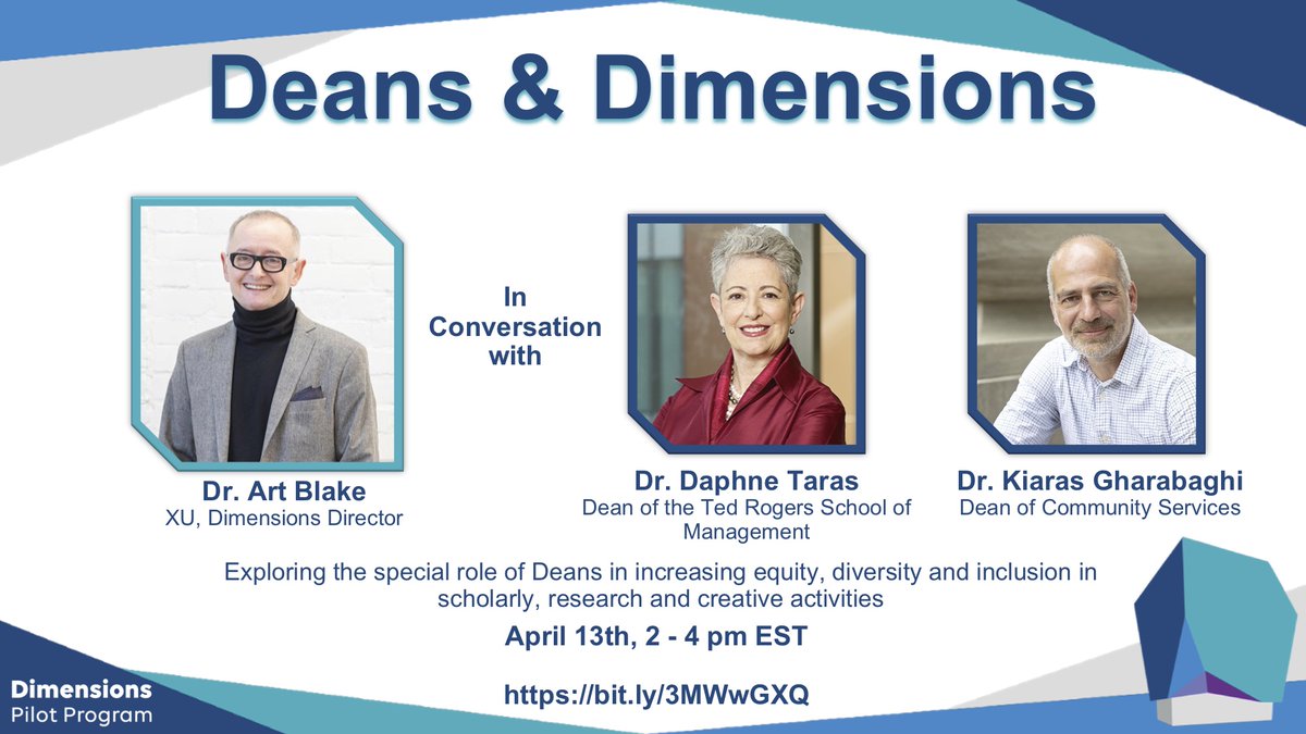 On April 13, join <a href="/RyersonU/">Ryerson University</a> Dimensions Director <a href="/ArtMBlake/">gone</a> for a virtual conversation with @TRSMRyersonU Dean Daphne Taras and @RyersonFCS Dean Kiaras Gharabaghi on the meeting point between EDI and SRC activities. Register here: bit.ly/3MWwGXQ