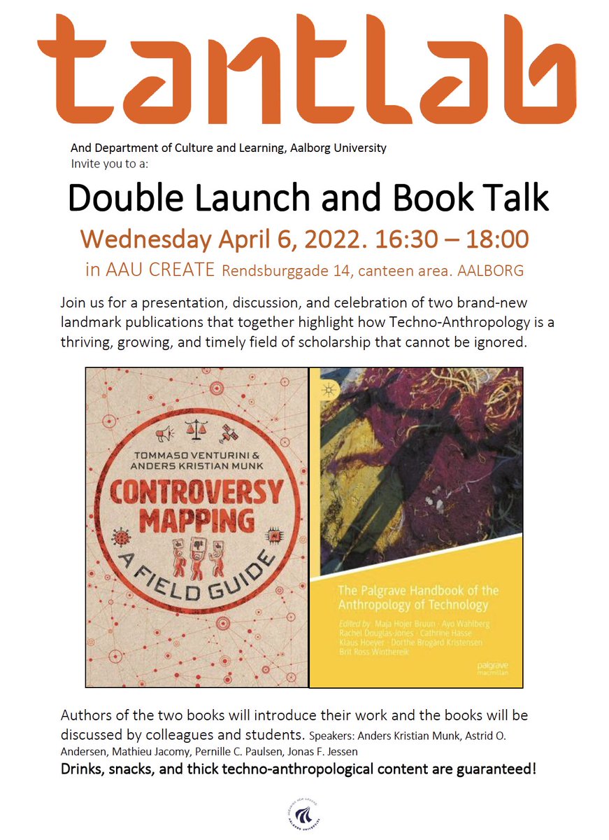 Astrid Oberborbeck Andersen (@astridoa) on Twitter photo Join <a href="/TANTlab/">The Techno-Anthropology Lab</a> at <a href="/aalborguni/">AAU</a> on Wed/April 6: DOUBLE BOOK TALK. We present, discuss, and celebrate 'Mapping Controversies. A Field Guide by
@venturini_tom + <a href="/AndersKMunk/">Anders Kristian Munk</a> and 'Handbook of the Anthropology of Technology' by <a href="/MajaHojerBruun/">Maja Hojer Bruun</a>
et al.(eds). Rendsburggade 14/4:30-6pm Join <a href="/TANTlab/">The Techno-Anthropology Lab</a> at <a href="/aalborguni/">AAU</a> on Wed/April 6: DOUBLE BOOK TALK. We present, discuss, and celebrate 'Mapping Controversies. A Field Guide by
@venturini_tom + <a href="/AndersKMunk/">Anders Kristian Munk</a> and 'Handbook of the Anthropology of Technology' by <a href="/MajaHojerBruun/">Maja Hojer Bruun</a>
et al.(eds). Rendsburggade 14/4:30-6pm
