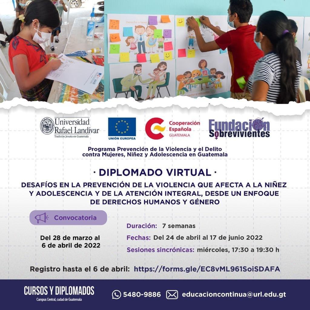 GuatemalaPrevi's tweet photo. 🚨📣@Sobrevivientes1 /#PREVI te invita a postularte a la 📚#BecaCompleta del 💻#DiplomadoVirtual👉🏼 “Desafíos de la prevención de la violencia que afecta a la niñez y adolescencia y de la atención integral, desde un enfoque de derechos humanos y género✊🏼” 

📌➕INFO⬇️👀🧵 https://t.co/ko8iTycE2v
