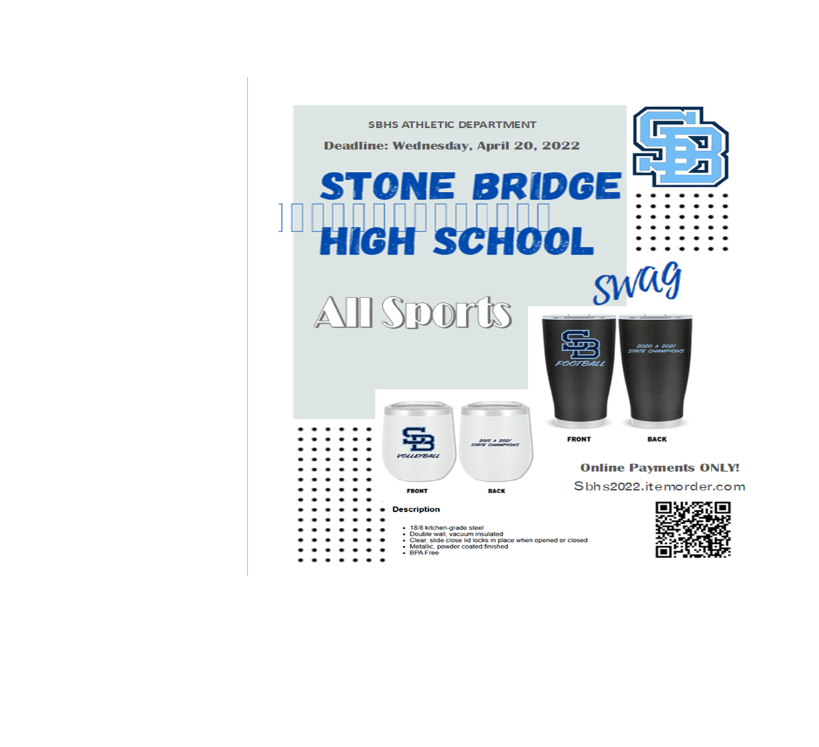 Don't forget to order your SB Athletic tumblers.  Perfect for the summer when you are sitting at the beach 🏖 or by the pool🏊‍♂️!  Sbhs2022.itemorder.com