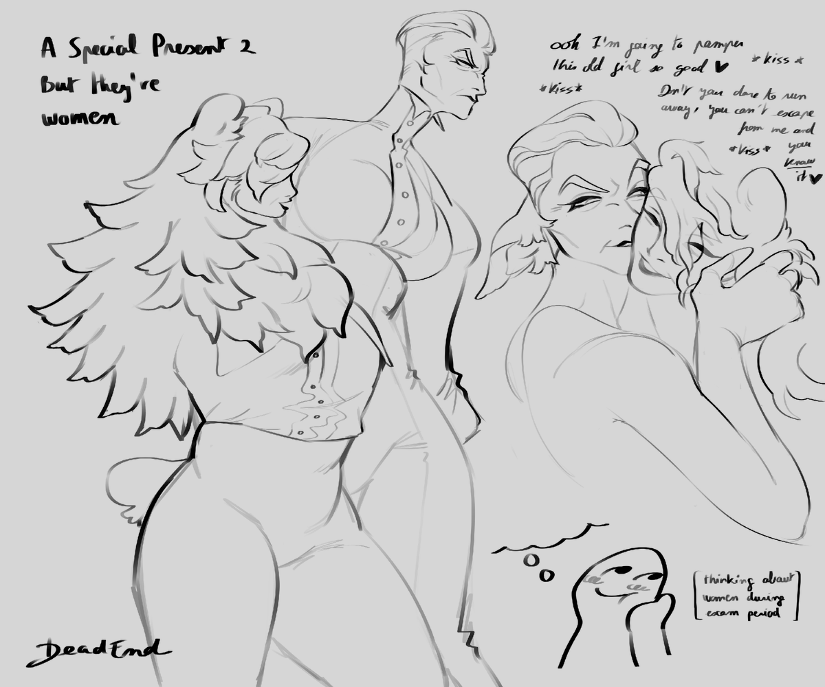A Special Present 2 (but they're women)

thoughts:
-and they kissed happily ever after
-i only draw when i don't want to work
-instead of being sad, can't i just draw giant lesbiabs kissing??
-f*ck designing clothes
-their job?? kissing and loving and be in love and kiss