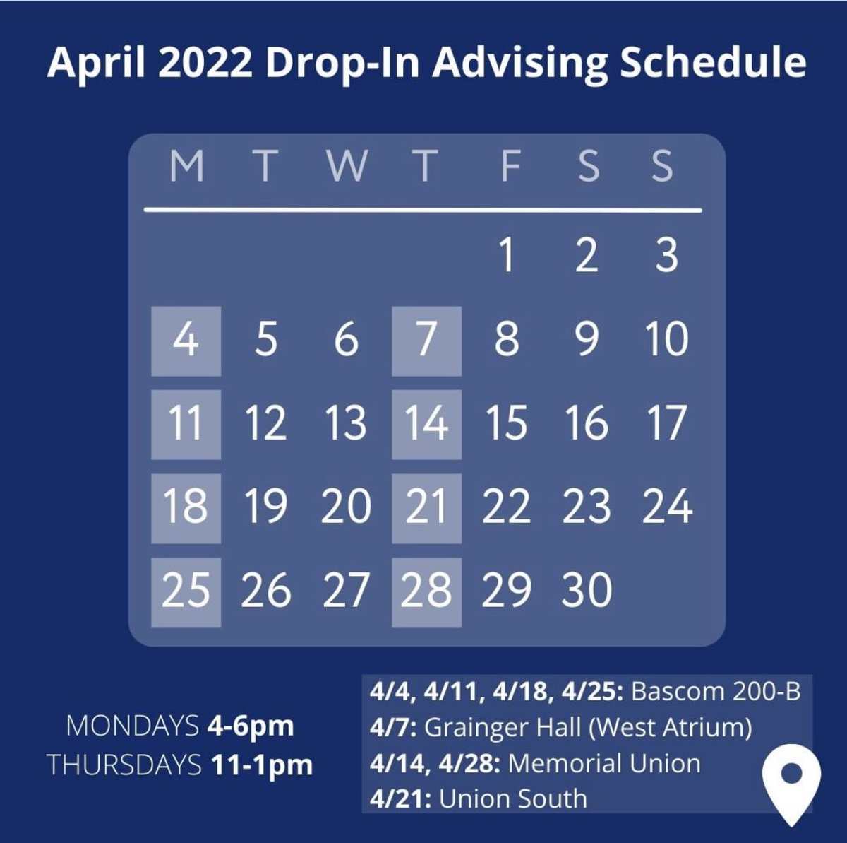 Drop-in advising is a wonderful way to learn more about Peace Corps. Join our campus recruiter TODAY 4-6pm in Bascom or virtually via Zoom!